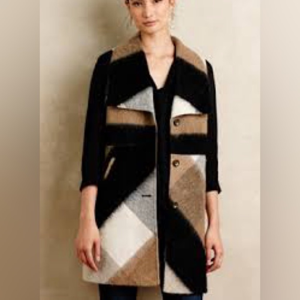 Elevenses by Anthropologie Patchwork Plaid Wool Blend Buffalo Long Vest Tan sz S